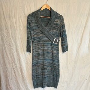 AGB Blue and Gray Long Sleeve Faux Wrap Dress